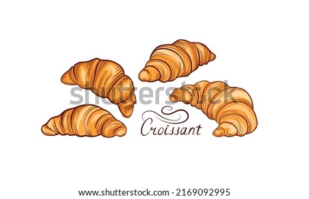 Croissant french food icon set. Bakery food  hand drawing line art over white background. Cake for breakfast banner