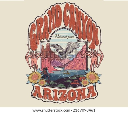 Grand canyon adventure t-shirt design. Wild lake vector graphic print design for apparel, stickers, posters, background and others. Eagle fly vintage artwork. Royalty-Free Stock Photo #2169098461