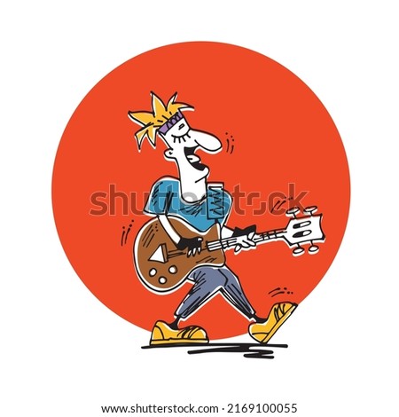 Rock musician playing electric guitar, doodle vector illustration. For t-shirt or poster design.