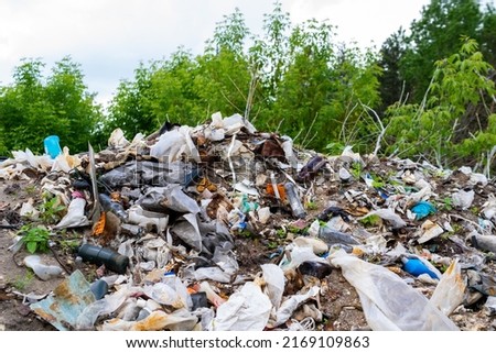 wild garbage dump. residual glass, plastics in the forest Royalty-Free Stock Photo #2169109863