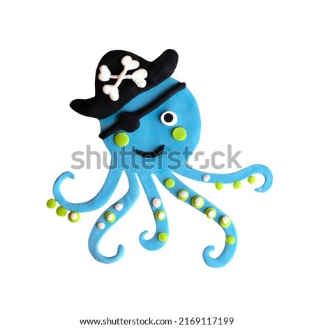 Cute cartoon clay handmade craft octopus pirate with adorable face, tentacles. Nautical marine creature.