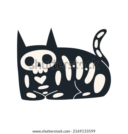 Cartoon black cat with skeleton. Funny Halloween clip art. Trendy modern vector illustration isolated on white background, hand drawn, flat design.