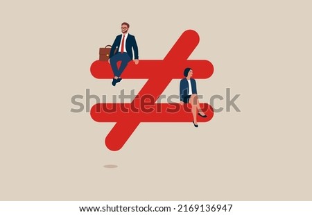 Upper class male sitting on top of injustice, unfairness symbol with person of woman at the bottom. Gender pay gap, inequality between man and woman wage income, issue about gender diversification. Royalty-Free Stock Photo #2169136947