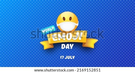 World emoji day greeting horizontal banner with smile face Emoji sticker with mouth medical protection mask isolated on blue background. Royalty-Free Stock Photo #2169152851