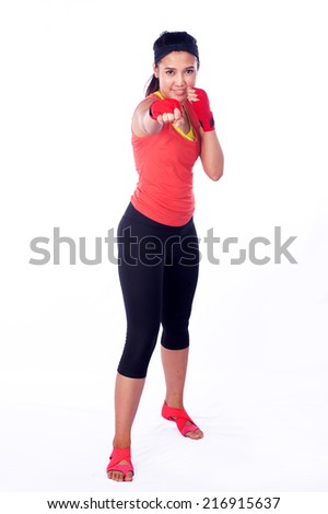 Young attractive with boxing gloves are ready for battle. Beautiful sporty fit  woman doing yoga practice on White background-concept,healthy life and natural balance