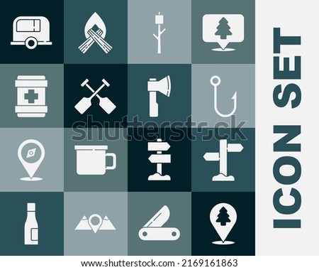 Set Location of the forest, Road traffic signpost, Fishing hook, Marshmallow stick, Paddle, First aid kit, Rv Camping trailer and Wooden axe icon. Vector