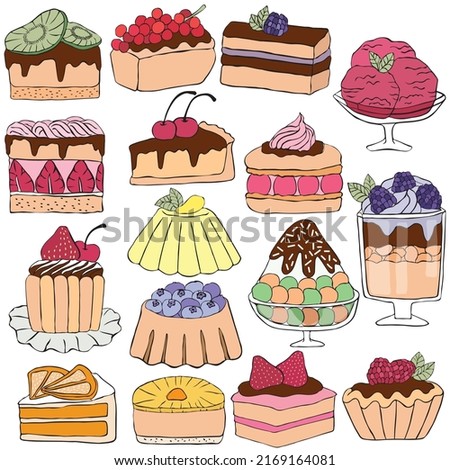 Hand drawn fruit dessert and cake in doodle art style on white background