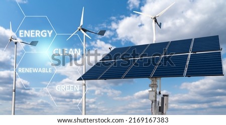 Solar panels and wind turbines with infographics. Clean renewable energy concept Royalty-Free Stock Photo #2169167383