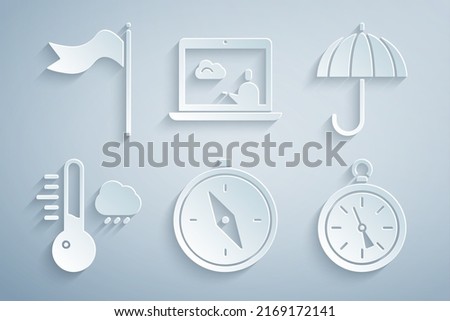 Set Compass, Umbrella, Meteorology thermometer, Weather forecast and windsock wind vane icon. Vector