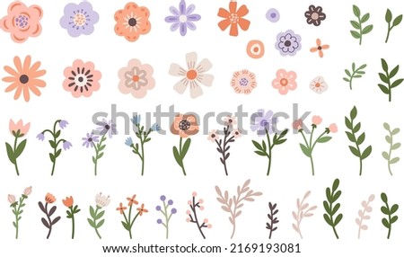 Minimalistic spring florals vector illustration set. Cartoon simple flowers, leaves, brunches, plants Royalty-Free Stock Photo #2169193081