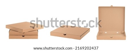 Stack of craft pizza boxes with display box. Royalty-Free Stock Photo #2169202437