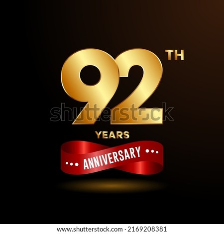 92 years anniversary logo with red ribbon for booklet, leaflet, magazine, brochure poster, banner, web, invitation or greeting card. Vector illustrations. Royalty-Free Stock Photo #2169208381