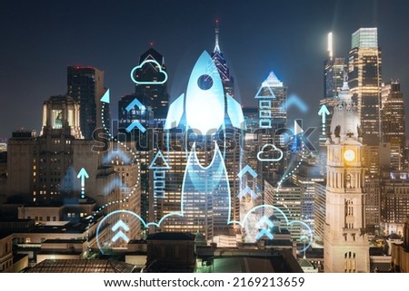 Aerial panoramic cityscape of Philadelphia financial downtown at summer night time, Pennsylvania, USA. Startup company, launch project to seek, develop and validate scalable business model, hologram