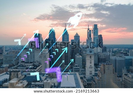 Aerial panoramic skyline of Philadelphia financial downtown, Pennsylvania, USA. City Hall Clock Tower at sunset. Startup company, launch project to seek and develop scalable business model, hologram