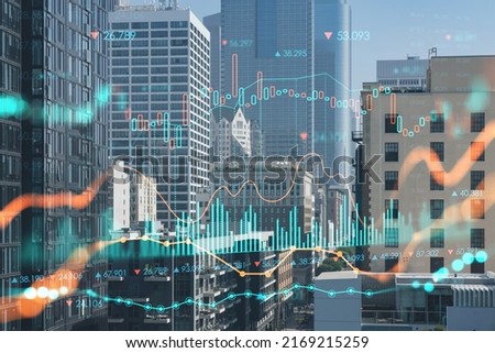 Panorama cityscape of Los Angeles downtown at day time, California, USA. Skyscrapers of LA city. Glowing forex graph hologram. The concept of internet trading, brokerage and fundamental analysis Royalty-Free Stock Photo #2169215259