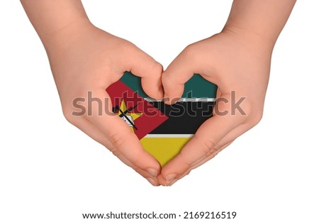 Kid's hands in heart- form. National peace concept on white background. Mozambique