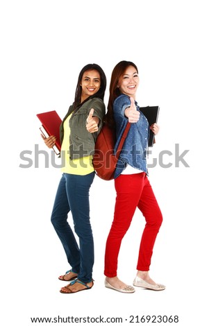 Portrait of young Asian students with thumbs up, isolated on white background