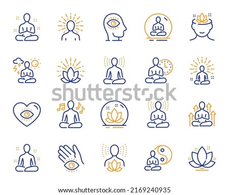 Yoga meditation line icons. Body balance, person relax and energy meditation set. Mind harmony, health meditate and self concentrate line icons. Listen relax sound, yoga mind therapy. Vector Royalty-Free Stock Photo #2169240935