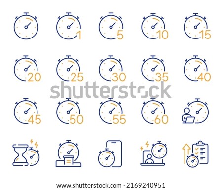 Timer line icons. Hourglass, clock time and stopwatch. Alarm countdown, sport measurement tool and 1 hour line icons. 10 minutes timer, time report, cook clock. Fast service, 60 seconds. Vector Royalty-Free Stock Photo #2169240951