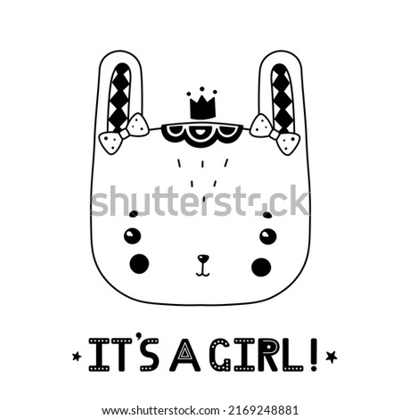 black and white gender party card - bunny girl, Scandinavian design