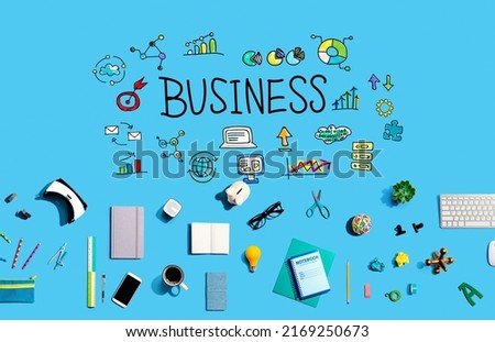 Business with collection of electronic gadgets and office supplies