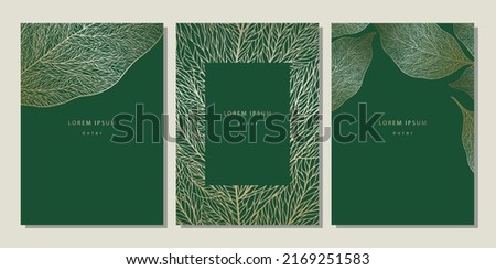 Set of floral templates with linear leaves texture. Luxury dark green backgrounds with golden leaf veins Royalty-Free Stock Photo #2169251583