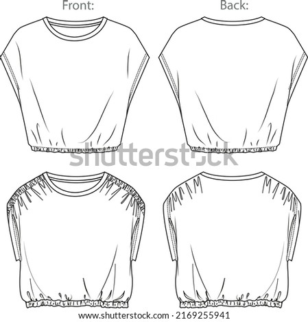 Vector drop shoulder T-Shirt with frills fashion CAD, woman sleeveless crop shirt technical drawing, sketch, template, flat, mock-up. Jersey or woven fabric 2 pcs top with front,back view, white color Royalty-Free Stock Photo #2169255941