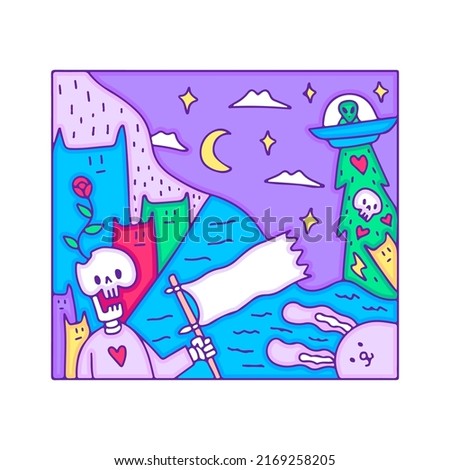 Funny skull holding flag with cat, bunny, and alien ship, illustration for t-shirt, sticker, or apparel merchandise. With doodle, retro, and cartoon style.