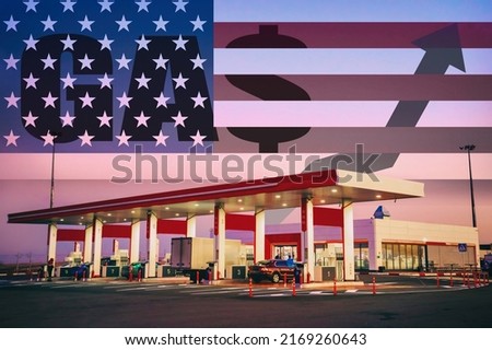 gas station with background of  American flag and the inscription gas with vector graphics arrows to top, concept of fuel crisis, rising prices for fuel and energy resources, image for news reports