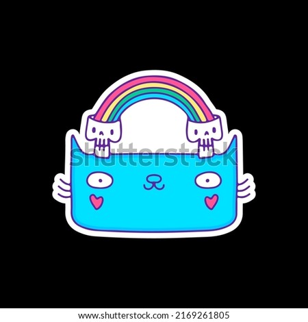 Cute cat head with rainbow skulls, illustration for t-shirt, sticker, or apparel merchandise. With doodle, retro, and cartoon style.