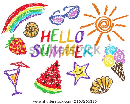 Summer funny hand drawn symbols vector set. Fruits, ice cream, sun, glasses, drinks, shells. Like kids colorful crayon, pastel, chalk or pencil stroke. Doodle cartoon art. Hello outdoor happy time