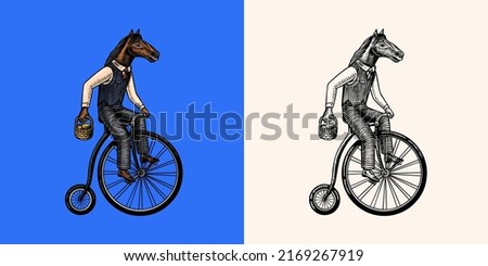 A horse man in a suit rides a bicycle. Food delivery man. Fashion animal character. Hand drawn woodcut outline sketch. Vector engraved illustration for logo and tattoo or T-shirts.
