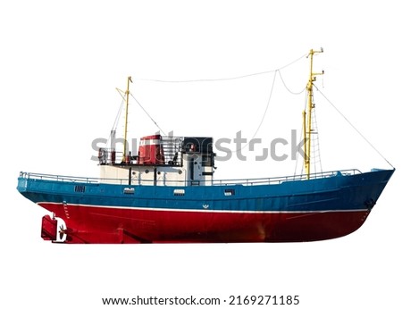 Old red blue museum fishing boat isolated on white background. Ventspils, Latvia. Copy space. Graphic resources for wall art, cards, charts and drawings, 3D modeling, ship scale model
