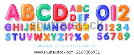 Cheerful, multi-colored, glossy, children's alphabet. Colored 3d letters and numbers. Vector illustration