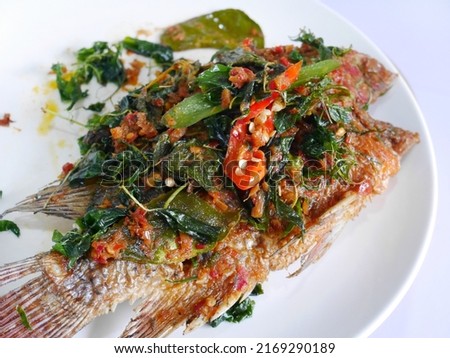 Fried Tilapia Fish with Red Curry Paste containing useful herbs