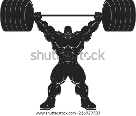 Illustration, a ferocious bodybuilder with a barbell, vector silhouette