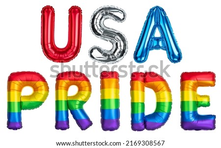 USA Pride. Rainbow Helium balloon. Rainbow flag symbol gays and lesbians LGBT, LGBTQ. Rainbow colors. Alphabet letters U S A P R I D E. Good for Party, greeting card. Isolated on white background.