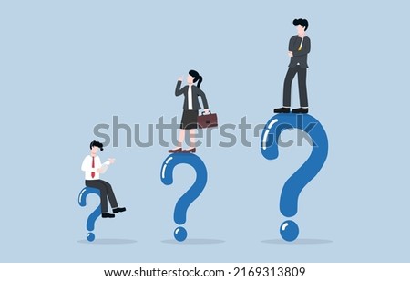 Higher job position, more problems to be responsible, career growth with bigger challenge concept. Businesspersons with different job position levels standing or sitting on their question marks. Royalty-Free Stock Photo #2169313809