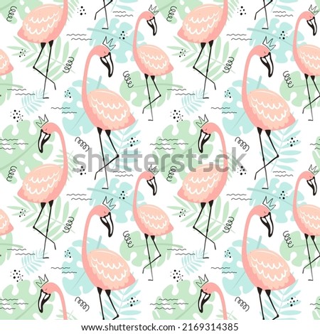 Seamless tropical pattern with pink flamingos, crown, leaves, monstera, palm leaf, dots. Vector summer hand-drawn illustration of a flamingo for kids, textiles, background, clothes, nursery, birthday