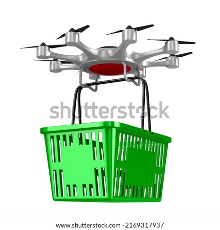 octocopter with shopping basket on white background. Isolated 3d illustration