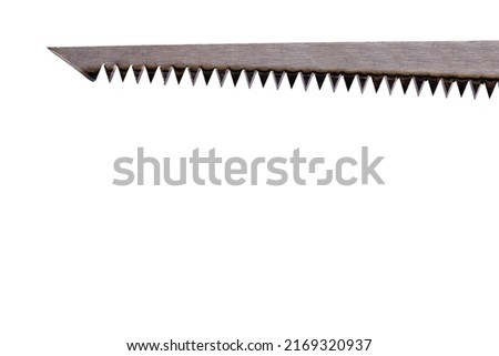Close up of straight metal saw blade with pointed shape and long sharp teeth on white background concept sharpness Royalty-Free Stock Photo #2169320937
