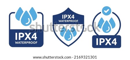 Ipx4 waterproof vector symbol illustration set. Water-resistant with water drop icon. Rainproof badge label sign. Royalty-Free Stock Photo #2169321301