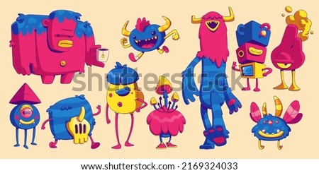 Cute monsters in trendy contemporary art style. Vector cartoon set of funny comic creatures, alien furry animals with teeth, horns, mushrooms and pyramid on head Royalty-Free Stock Photo #2169324033