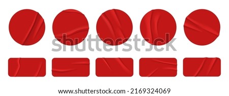 Red sticker paper texture, wrinkled adhesive label or price tag, crumpled glue badge 3d vector realistic set illustrations. Plastic round and rectangular badges isolated on white background