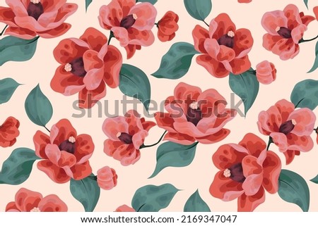 Seamless floral pattern with delicate blossom flowers, leaves on a light pink background. Feminine botanical print with large pink flowers and leaves. Watercolor imitation, vector illustration.