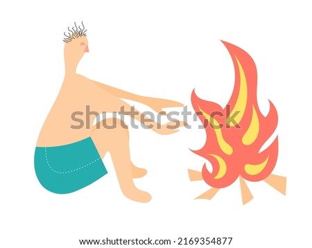 A man in shorts warms himself near a fire. Vector flat illustration.