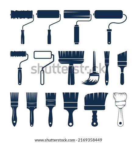 House Painter Brush Vector And Clip art Collection, Creative And Hi-Quality Brush And Painter Brush Set With Black Colour And White Background. 