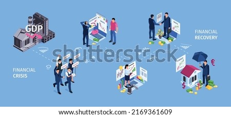 Isometric business crisis composition with flowchart of financial recovery icons with currency symbols and human characters vector illustration