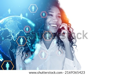 African businesswoman call on the phone, double exposure, earth sphere hologram, worldwide social network. Concept of worldwide communication. Copy space Royalty-Free Stock Photo #2169365423