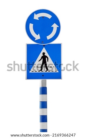 Traffic signs of roundabout and pedestrian crossing on white background